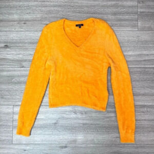 Massimo Dutti Women's‎ Orange V-Neck Long Sleeve Pullover Faux Fur Sweater Small